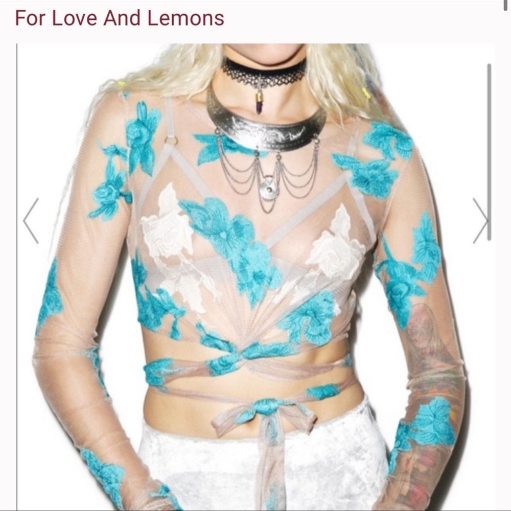 For Love & Lemons Turquoise Floral Embroidered Sheer Tie-Waist Top